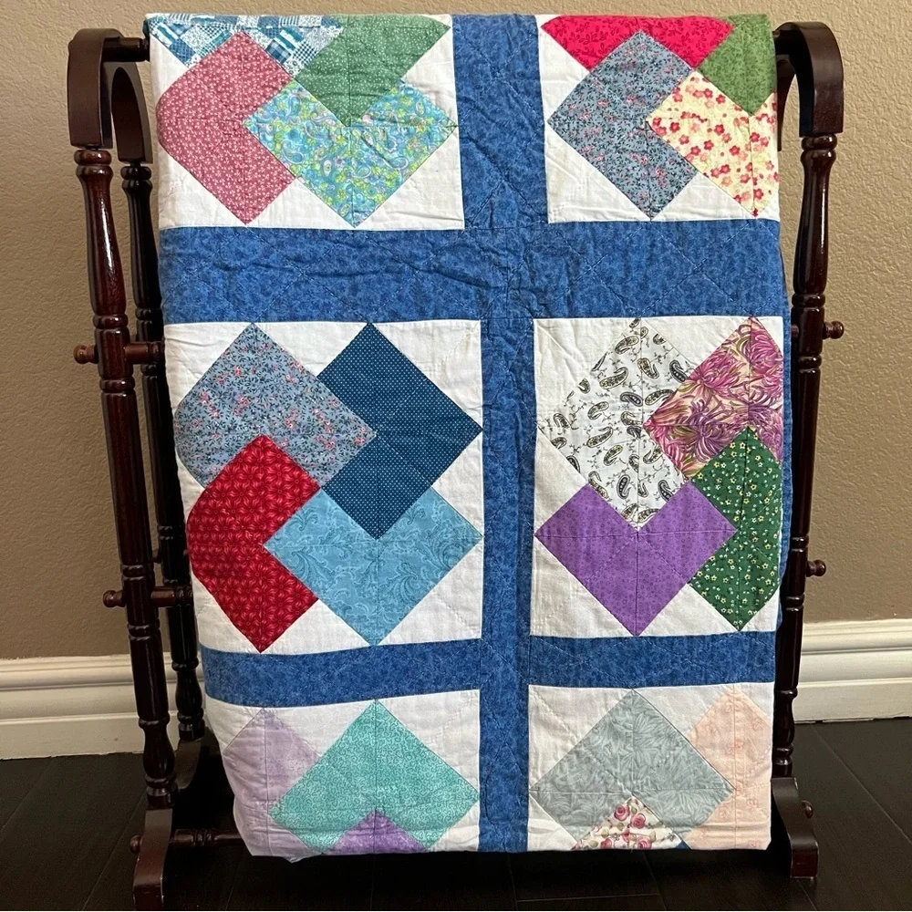 72”x88” Twin Size Handmade Patchwork Cotton Quilt. Simple Shabby Chic.